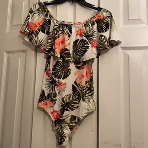 Tropical Ruffles off shoulder sleeveless bodysuit